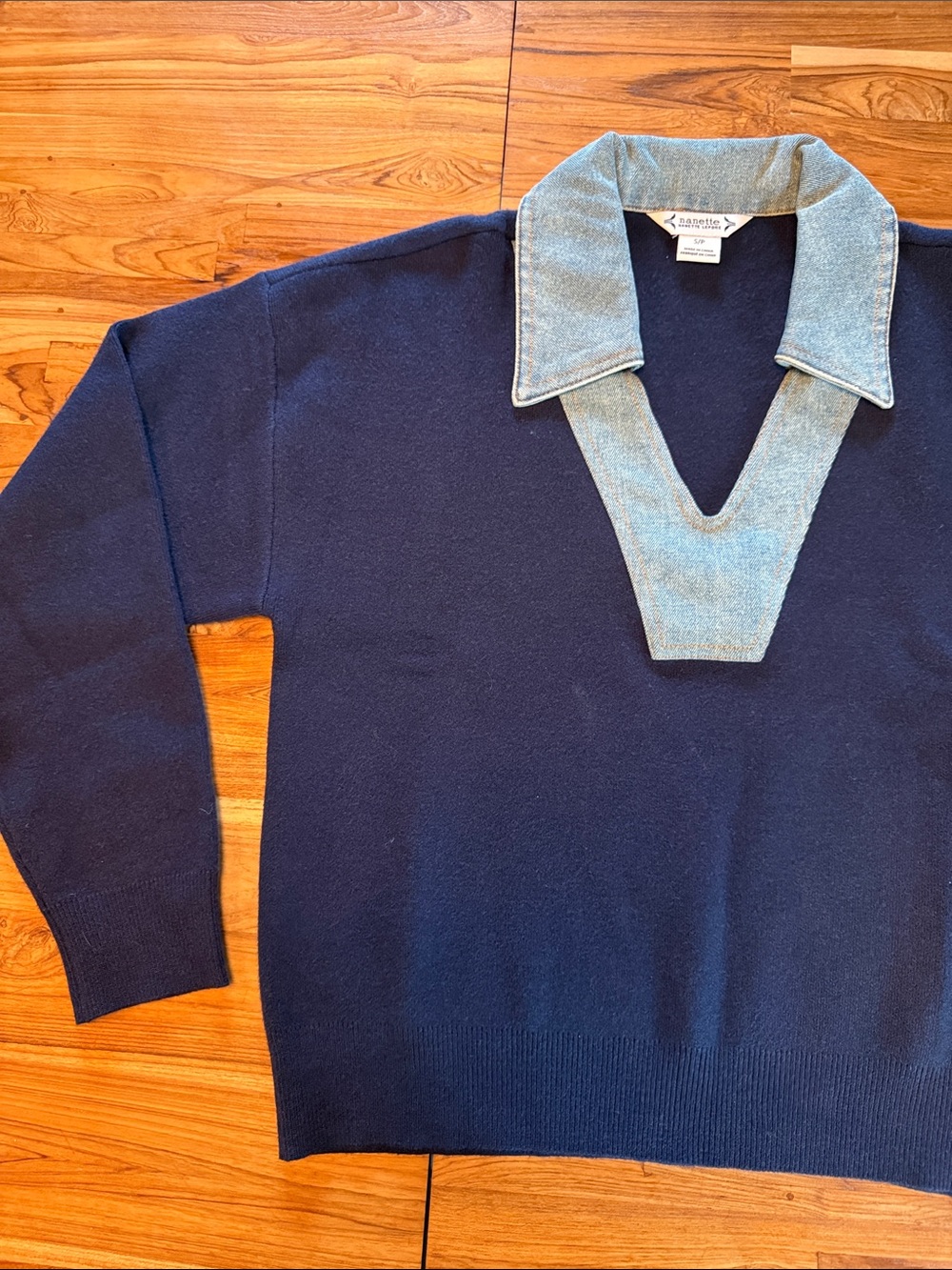 Nanette Lepore Navy Sweater with Light Denim V‑Neck Collar